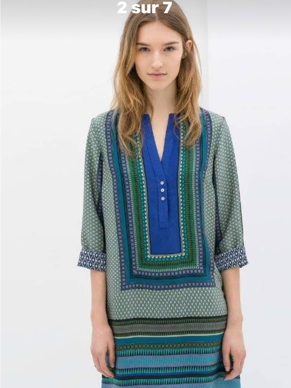 Zara Blue and Green Printed V-Neck Tunic